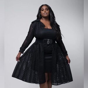 SAMUEL DONG Black Runway Eyelet Coat Dress